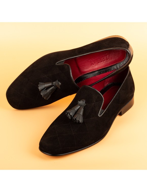 Men's Black Graphic Suede Tassel Loafers