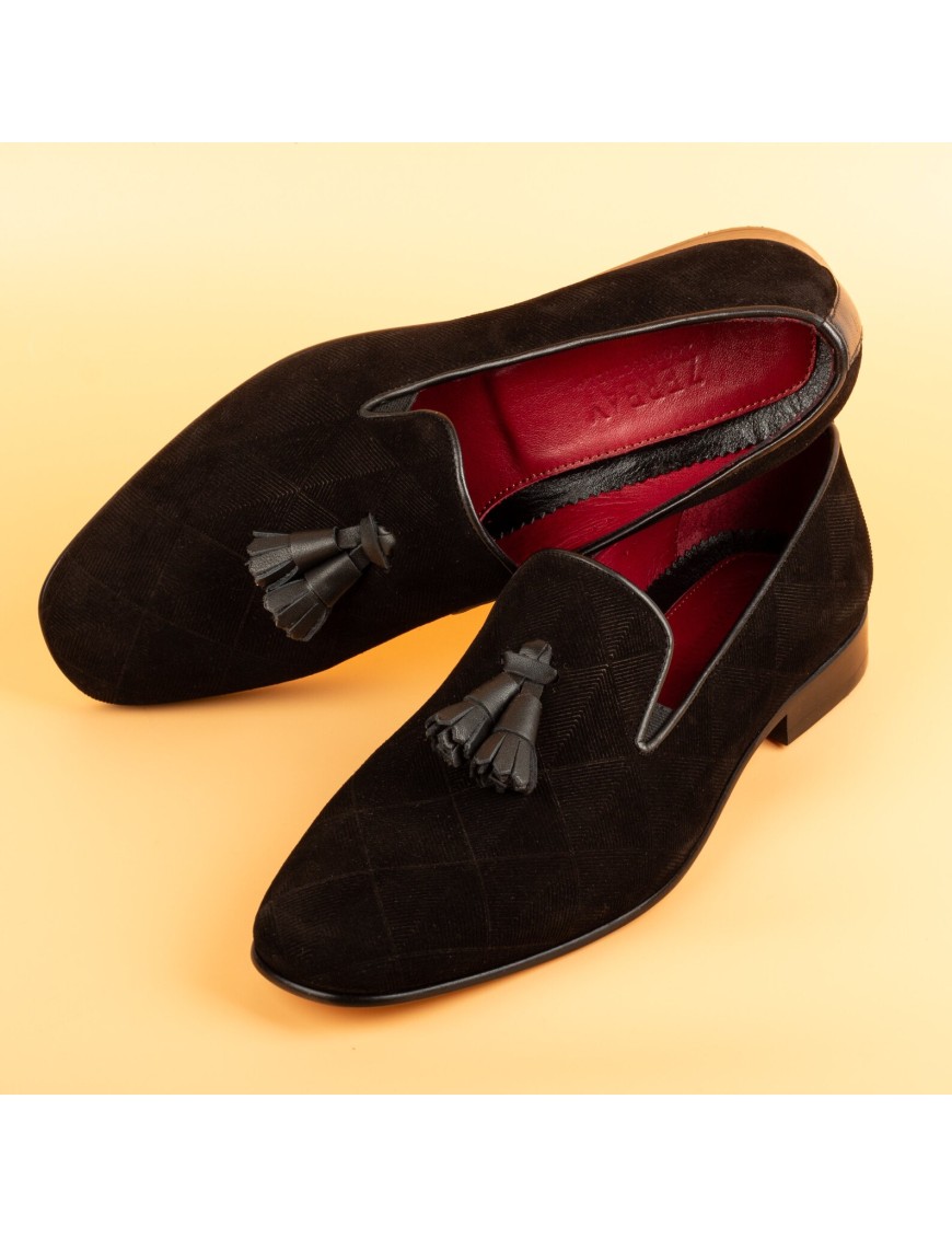 Men's Black Graphic Suede Tassel Loafers
