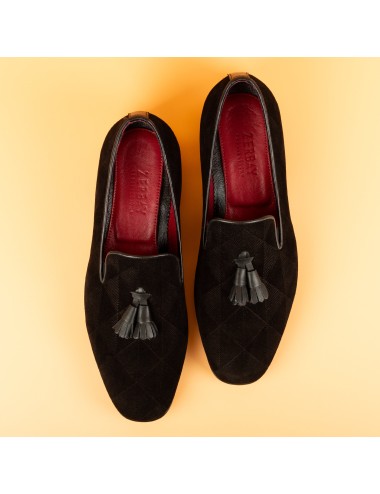 Men's Black Graphic Suede Tassel Loafers