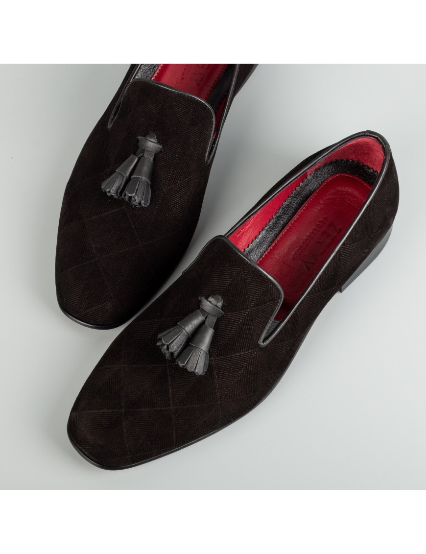 Men's Black Graphic Suede Tassel Loafers