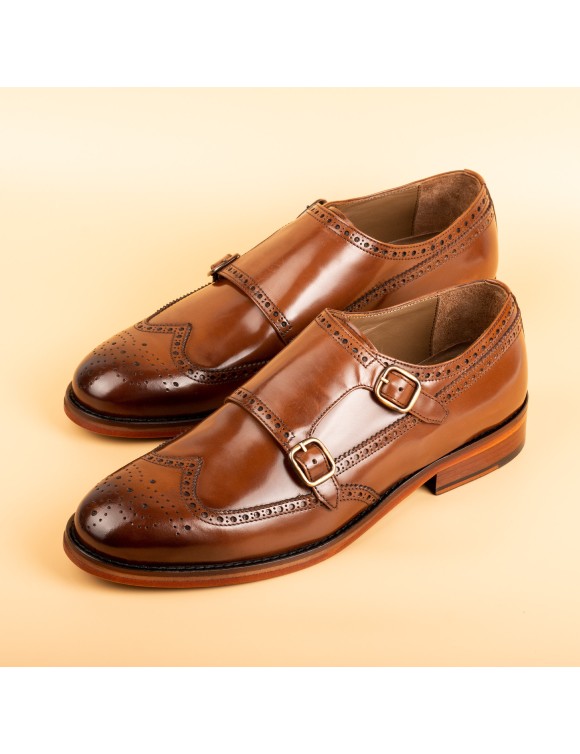 Men's Tobacco Double Buckle Monk Shoes