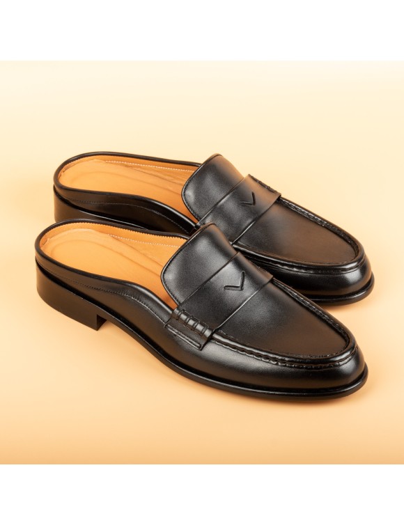 Men's Black Mules Calfskin Handmade Half Shoes