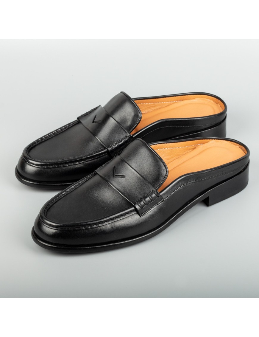 Men's Black Mules Calfskin Handmade Half Shoes