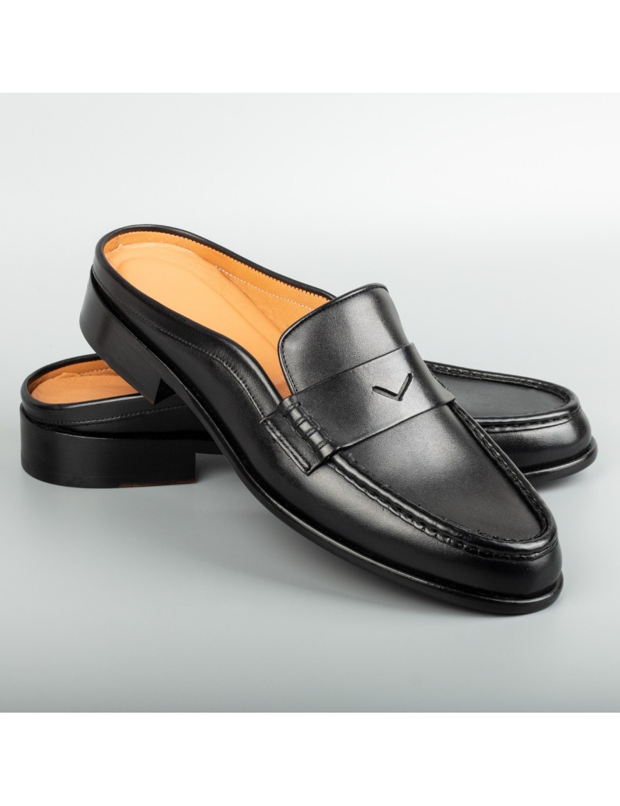 Men's Black Mules Calfskin Handmade Half Shoes