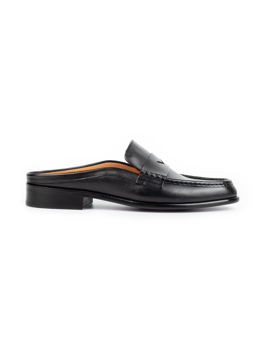 Men's Black Mules Calfskin Handmade Half Shoes